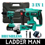 [ 3 IN 1 ] Ladderman Brushless Cordless Rotary Hammer / Drill / Angle Grinder with 21V 5.0Ah Li-ion Battery Combo Set