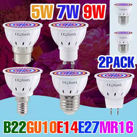 2pcs 9W E27 LED Grow Light E14 Plants Lamp GU10 Spotlight MR16 Indoor Flower Potted Cactus Ferns Cul