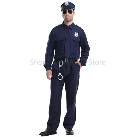 Super Hero Cop Men Costume Dark Blue Police Man Uniform Halloween Fancy Dress Up Costume Adult Polic