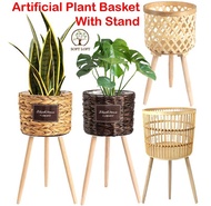 Artificial Plant Basket with Stand Plant Pot Plants Basket Woven Rattan With Wooden Stand Plant Stan