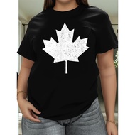 Plus Size, Women's Canada Maple Leaf T-Shirt - White Maple Leaf & Maple Leaf Canada Flag Print Short
