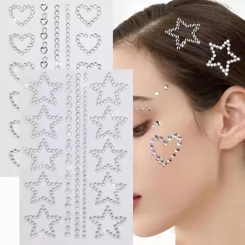 3D Self Adhesive Clear Heart Star Gems Face Sticker 9*14cm Stick on Face Rhinestones Jewel Stickers 