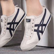 Ready stock [] new Onitsuka Men's and Women's Universal Shoes Beige Black Lace-less Canvas Sports Casual Tiger Shoes