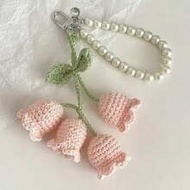 1pc Handmade Crochet Lily Of The Valley Keychain With Pearl Chain, Boho Style Bag Charm, Decorative 
