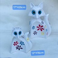01 Set of 2 Ceramic Statues of 2 White Owls and Lovely Flower Printed Body Size Width 17*26/ Width 1