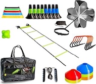 Agility Ladder Sports Training Kit, Agility Ladder*1, Resistance Band Kit, Resistance Umbrella * 1, Sport Logo Cone * 8, Sensitive Ball * 1, Adjustable Hurdle * 5, Jump Rope * 1, Logo Disc * 20