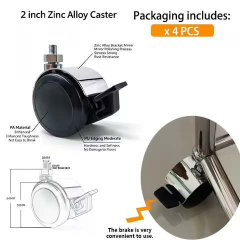 4 Pack 2" Alloy Swivel Casters Silent Black Furniture Wheels Special for USM Cabinet, Tea Cart, Side