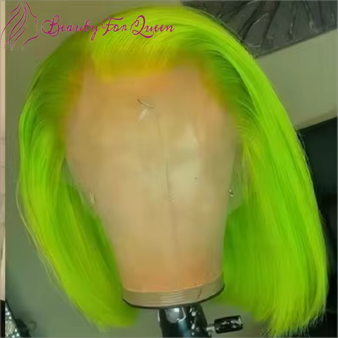 Transparent Lace Frontal Wigs Cosplay Colored Bright Mint Green Straight Short Bob Brazilian Colored