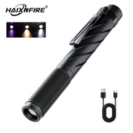 HaixnFire ไฟ P27ทำงานอบอุ่น/ขาว/ม่วง395UV ไฟฉาย LED USB ชาร์จได้สามสีไฟปากกา LED ไฟกระเป๋า EDC โคมไฟ