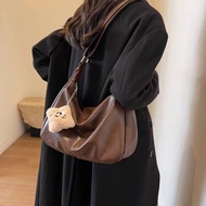 Retro Solid Color Tote Bag Women Large Capacity Soft Leather Handbag Commuting All-match Shoulder Ba