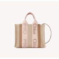 [PRE-ORDER] CHLOE SMALL WOODY TOTE BAG IN LINEN CANVAS (BLUSHY BEIGE / BLUISH GREEN)