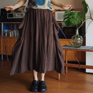 棕色 褶皺肌理棉麻 百搭繫繩可變化半身裙 超舒適彈性款