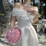 Luxury White Formal Evening Dress Satin From France Open Gaun Bahu Terbuka