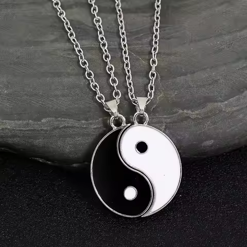 2Pcs Tai Chi Yin Yang Eight Trigrams Pendant Necklaces Set for Couple Silver Color Chain Matching Lo