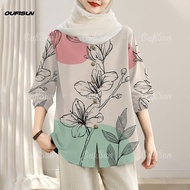 Blouse Long Sleeve Vintage Hawaii Floral Printed Shirts Labuh Baju Muslimah Perempuan