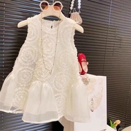 Gấu lãnh đạo cô gái Đầm công chúa mùa hè ren lưới không tay Bow Đầm trắng cô gái bé tiệc cưới Boutiq