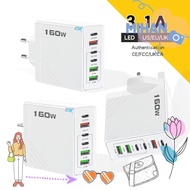 MIHAN 160W Charger Plug, 6 Ports EU/US/UK Phone Charger Adapter, with LED USB A+C Fast Charging Mult