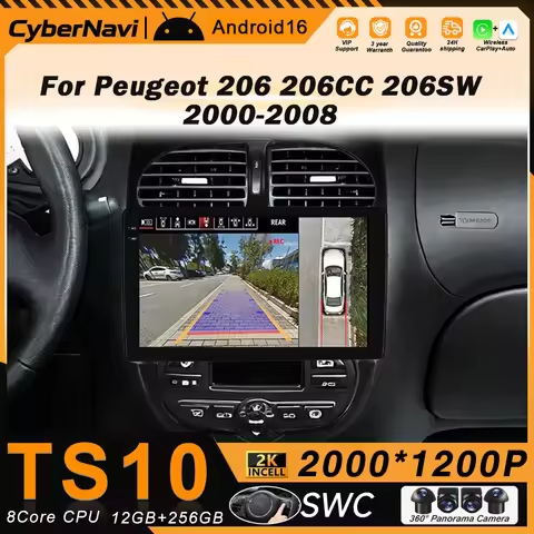 Android Auto Car For Peugeot 206 206CC 206SW 2000-2008 Wireless Carplay Multimedia Video Player QLED
