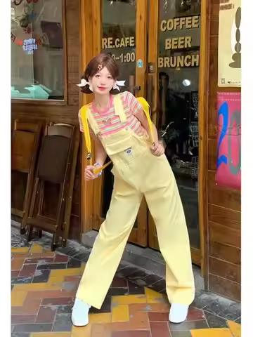 Summer Overalls Sweet Girl New Korean Fashion Yellow Workwear Style Denim Jumpsuit for Women Loose C