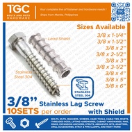 TGC 10PCS 3/8 x 1 1/4~6in. STAINLESS Lag Screw with Expansion Shield | SUS Lagscrew with Shield Expansion | Anchor Bolt for Concrete SS304 | Hollow Wall Anchor SS Lagscrew