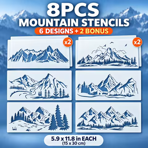 8PCS Mountain Stencils for Painting 5.9 x 11.8 Inch Pine Tree Forest Templates 6 Designs 2 Extra Cop