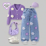 Young Girl Fashion Washed Floral Flocked Flared Pants With Slant Pockets 90s Kids Outfit Purple Girl
