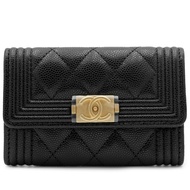 Chanel Black Quilted Caviar Boy Flap Card Holder Gold Hardware, 2023