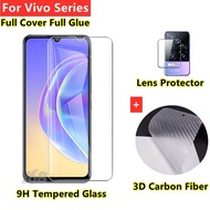 Vivo V21e กระจกนิรภัย Vivo V23 5G ป้องกันหน้าจอ Vivo Y22S Y20S G Y11 Y20i Y12S 3in1 Full Cover 9H แก้วกล้องเลนส์ Protecror 3D คาร์บอนไฟเบอร์ฟิล์ม Vivo V21e V215G V20
