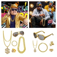 Fir 80s 90s Hip Hop Costume Kit Cool Rapper Outfits Hat Sunglasses Gold Plated Chain