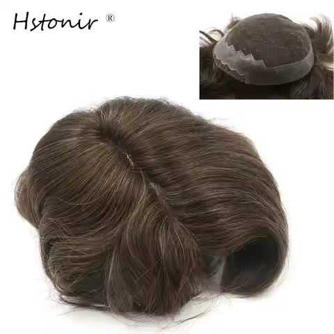 Hstonir 7x9 410# Brown With 10% Gray Left Part 100% Natural Hair Mens Toupee Shot Hair Piece Swiss L