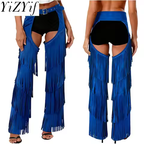 Women Western Cowgirl Cosplay Chaps Pants Stylish Cutout Crotch Fringe Design Trousers for Party Rav