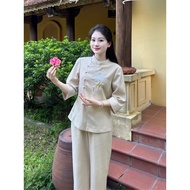 Đồ lam đi chùa nữ chất vải linen cao cấp nút gài thêu hoa sen Thiên Di - Pháp phục đi chùa nữ cao cấ