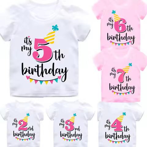 Girl Birthday Cartoon T Shirt for Girls Tshirt number 2 3 4 5 6 7 8 Graphic Kids Clothes Boys Letter