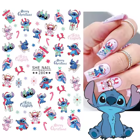1pcs Kawaii Stitch Cartoon Christmas Nail Stickers Hello Kitty Mickey Donald Duck Mini Nail Sliders 
