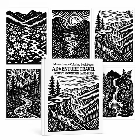 30 Sheets of A5 Paper Monochrome Adventure Travel Coloring Book One Color Art Pages Forest Mountain 