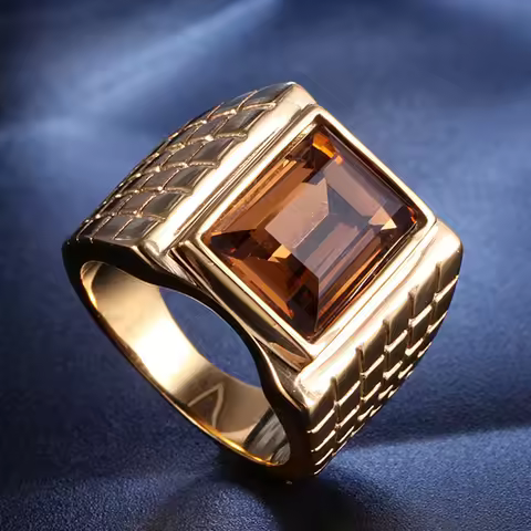 Masculine Brown 5A Zircon Diamonds Gemstones Rings for Men 18k Gold Filled Titanium Stainless Steel 