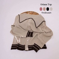 Mahara Oriana Atasan Baju Rajut Korean Style Garis Kerah Sailor Kancing Tidak Aktif