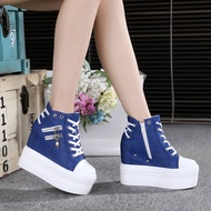 Korean thick-soled super high-heeled 12cm casual shoes platform shoes women canvas  shoes lace-up we