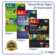 A4 KIDARIO 180 gsm / 230 gsm / 260gsm GLOSSY PHOTO PAPER 20S / KERTAS PHOTO GLOSSY A4 230GSM 20 KEPI