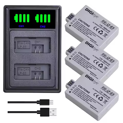 1800mAh LP-E5 LPE5 Battery/LED TypeC Charger for Canon EOS Rebel XS, Rebel T1i, Rebel XSi, 1000D, 50