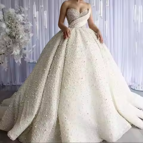2026 Dubai Luxury Pearls Beading Sweetheart Ball Gown Wedding Dresses Princess Sleeveless Bride Gown
