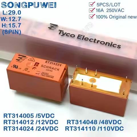 5Pcs/Lot RT314 8Pin 16A 250VAC Relays 5V 12V 24V 48V DC RT314005 RT314012 RT314024 RT314048 SPDT 1 F