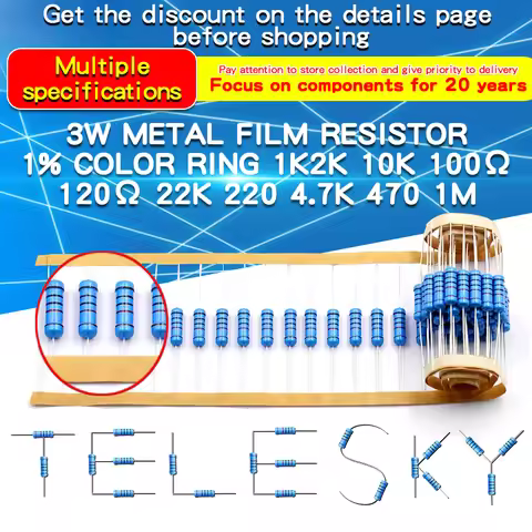 20pcs 3W Metal Film Resistor 1% 1Ω - 1MΩ 10 47 100 120 150 220 300 330 470 910 1K 2.2K 4.7K 10K 15K 