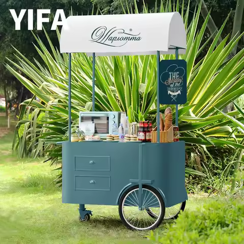 YIFA Food Truck Trailer Beach Mobile Ice Cream Push Cart Trailer With Wheels Food Stand Cart Mobile 