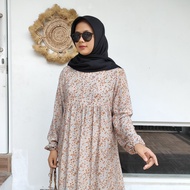Gamis motif bunga kecil rayon premium | Dress Cream Flower Gamis Rayon Motif Premium