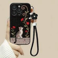 Cartoon Cat Painted Hollow Black Painted With 5-Leaf Rope Simple Fashion Creative Shockproof Phone C