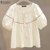 LY ZANZEA Women Summer Loose Casual Puff Sleeve Blouses O Neck Lace-Up Ing Color E Top 0630