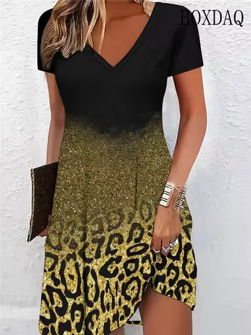 Gradient Leopard Print Dresses For Women 2026 Fashion Plus Size Dress Summer Short Sleeve Loose Clot