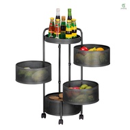 Rotating Kitchen Storage Rack No Assembly 4-Tier Carbon Steel Circular Rotating Basket with Wheels Space Saver Multi Layer Removable Fruit and Vegetable Storage for Kitchen