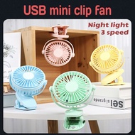 USB Rechargeable Portable Clip On Small Fan With Night Light Mini Handheld Desk 3 Speed Mode Fan Baby stroller Table Fan